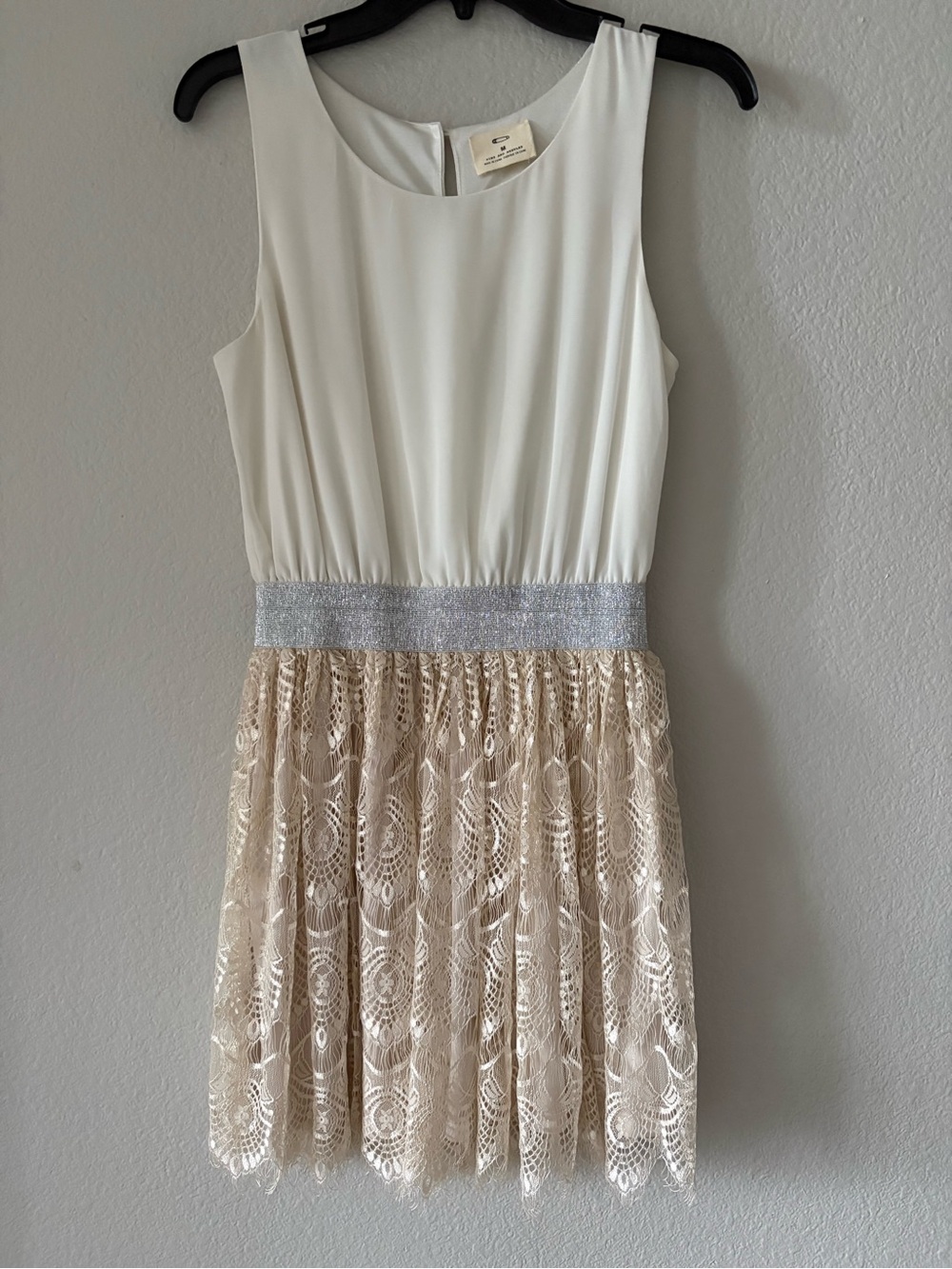 White and Beige Lace Party Dress with Silver Waistband - Kids